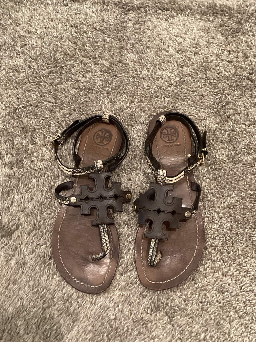 Tory Burch Dark Brown Leather Logo T-Strap Sandals